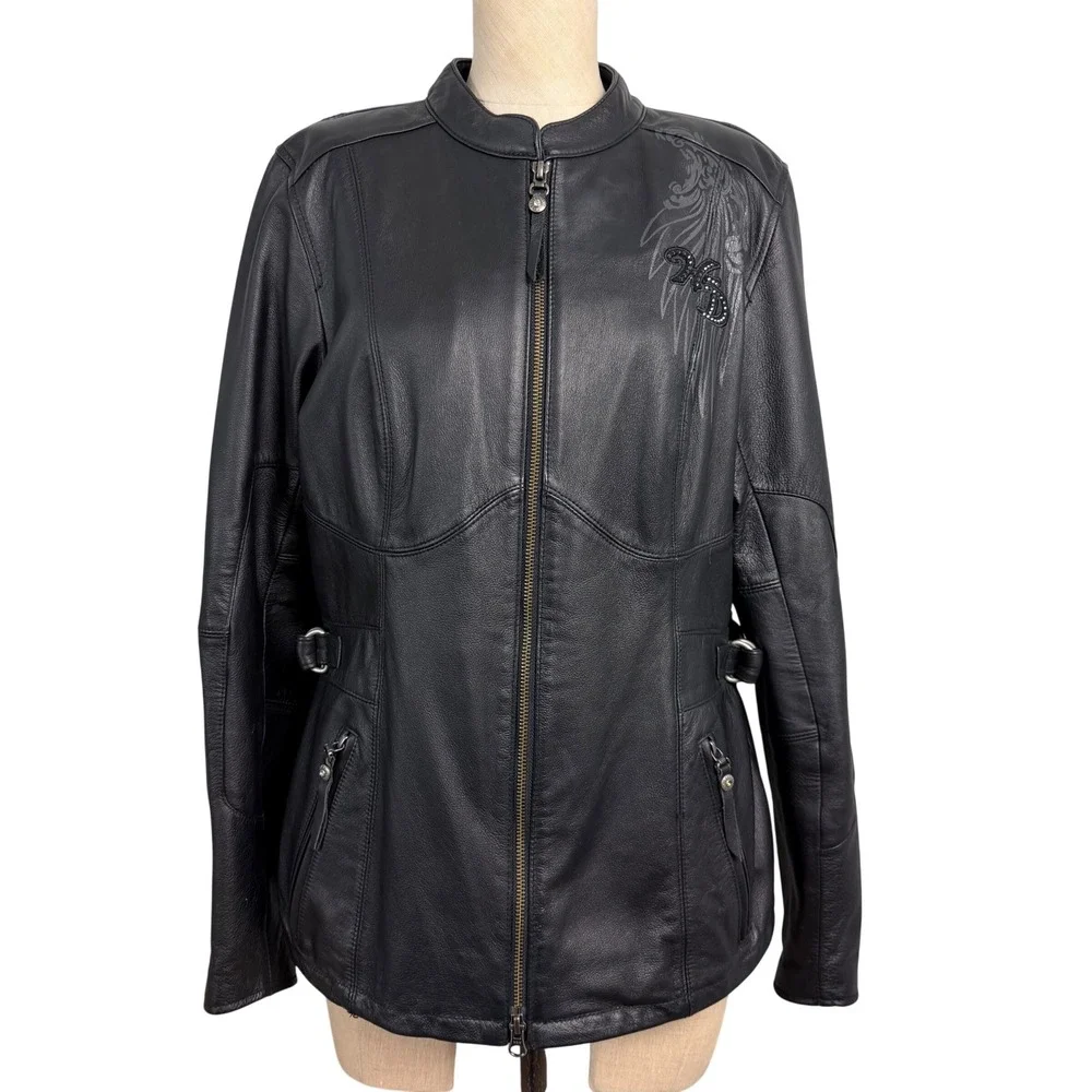 Harley-Davidson Womens Black Leather Studded Wing‎ Motorcycle Jacket Black L